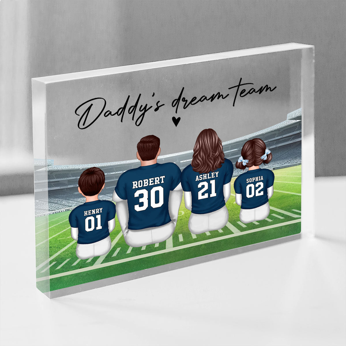 Daddy's Team Football Family Sitting Back View Personalized Acrylic Block, Gift