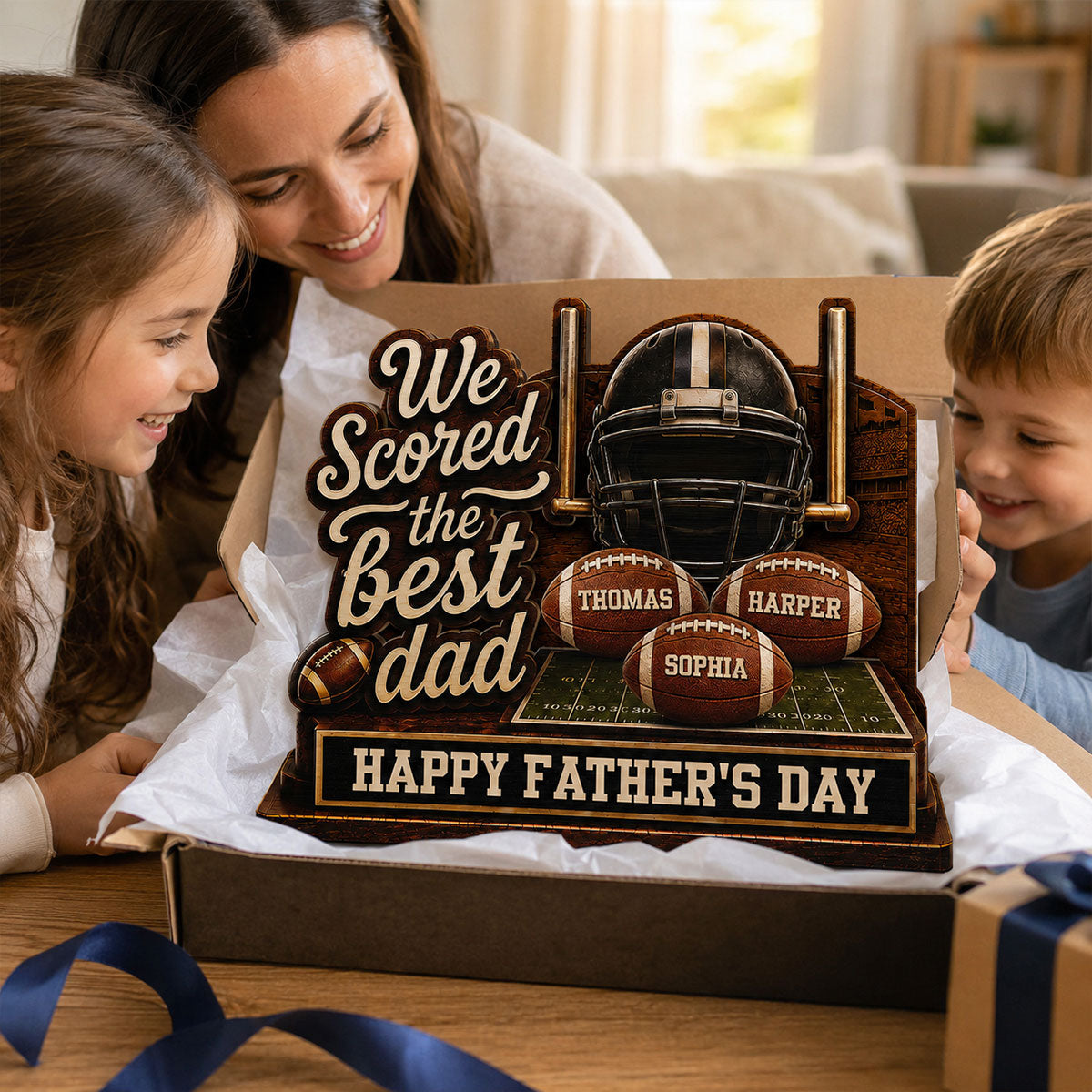 We Scored The Best American Football Dad Custom Name 2D Flat - Personalized 2-Layered Wooden Plaque - Gift For Football Dad