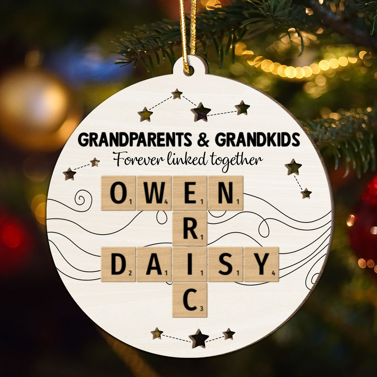 Christmas Grandparents Grandma Grandpa Grandkids Forever Linked Together Crossword Art Personalized 2-Layer Wooden Ornament