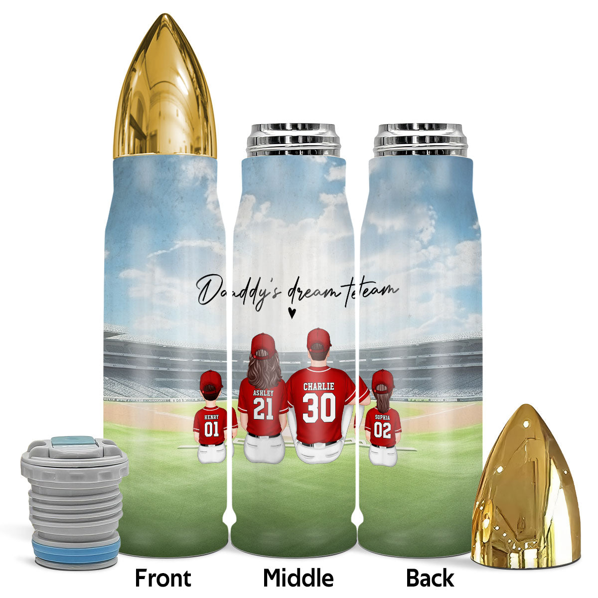 Daddy's Team Baseball Family Sitting Personalized Bullet Tumbler, Father's Day Gift For Dad, Grandpa, Husband