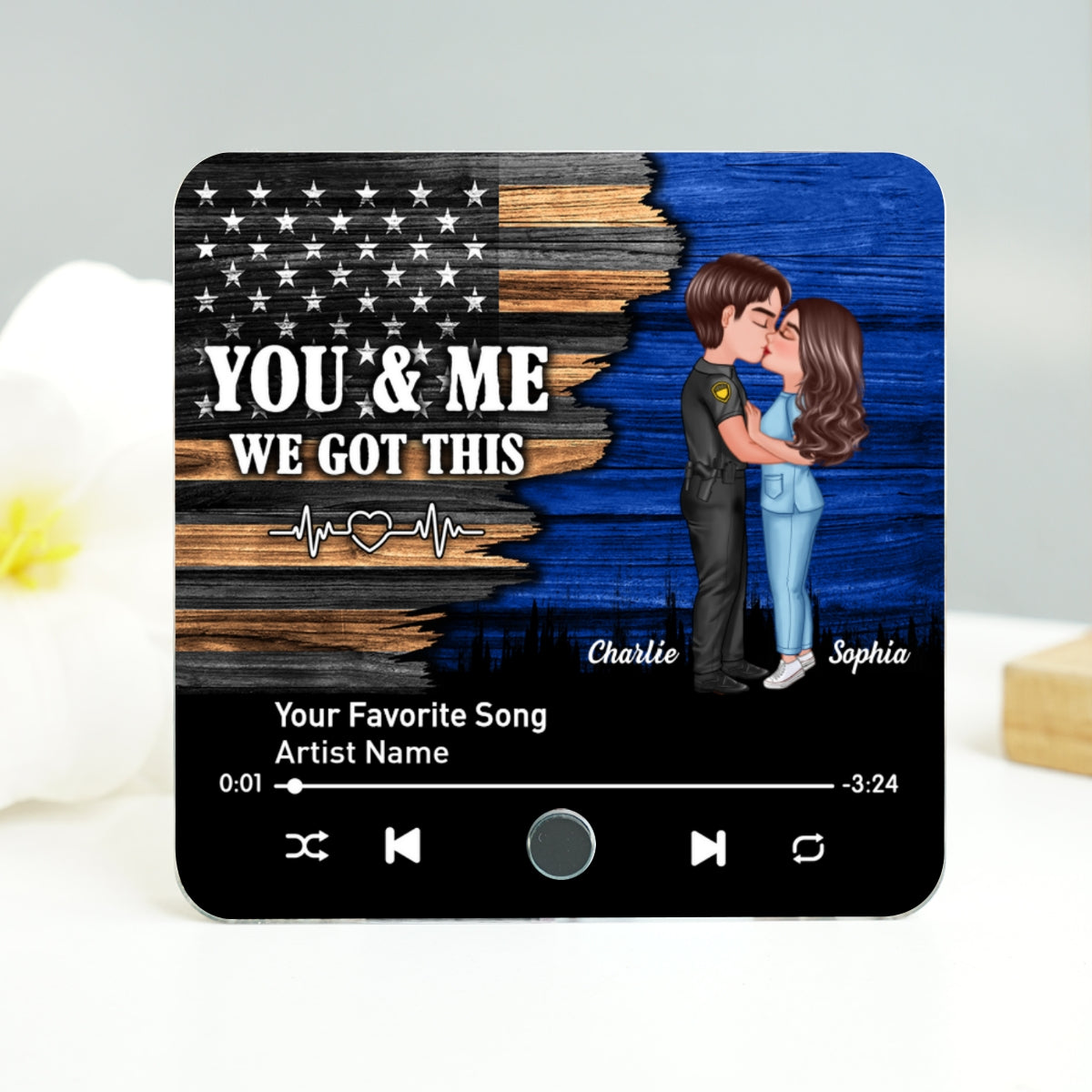 Hero Couple Kissing Half Flag Gift by Occupation Personalized Music Fridge Magnet, Gift For Him, For Her