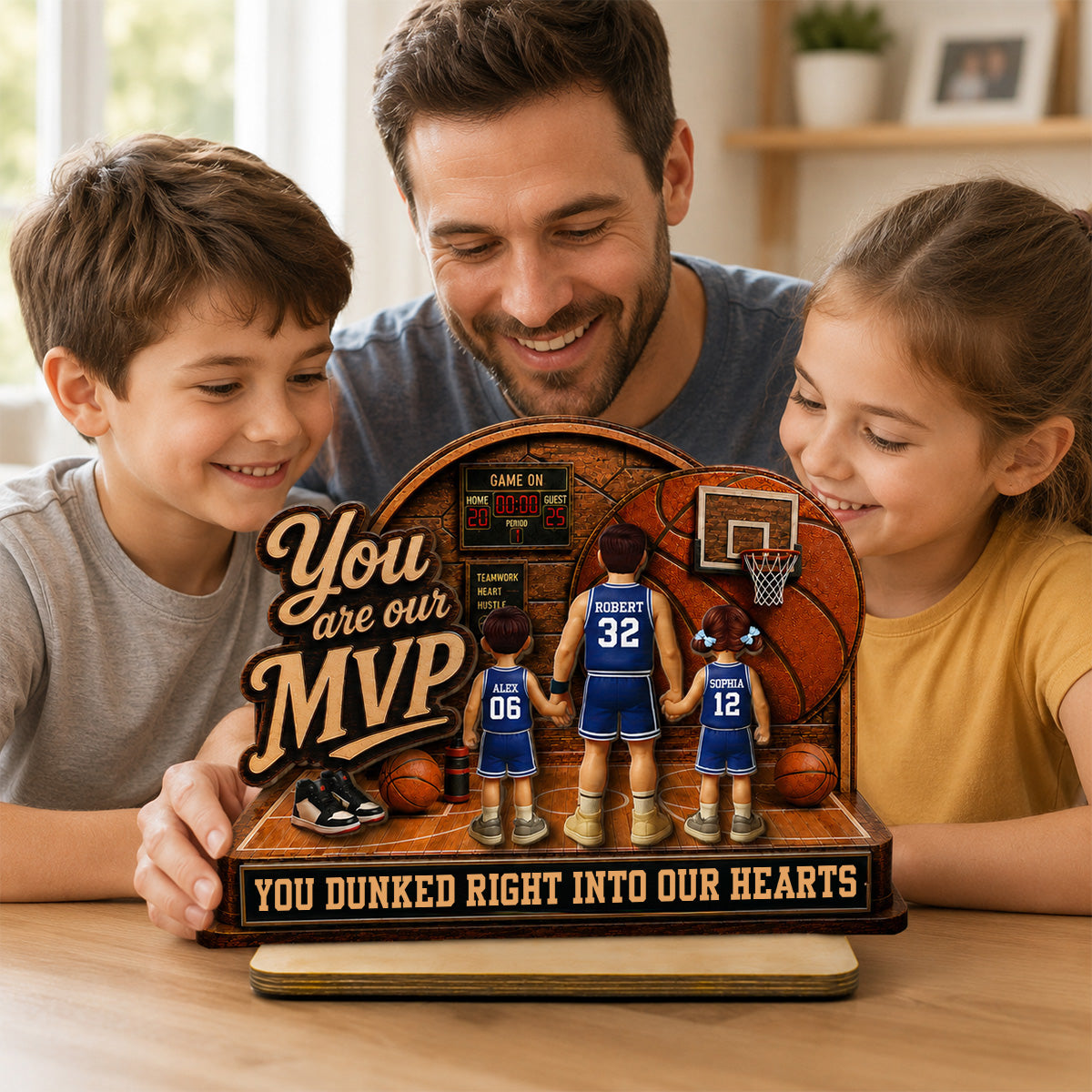 You Are Our MVP Standing Basketball Man & Kids 2D Flat - Personalized 2-Layered Wooden Plaque - Gift For Basketball Dad