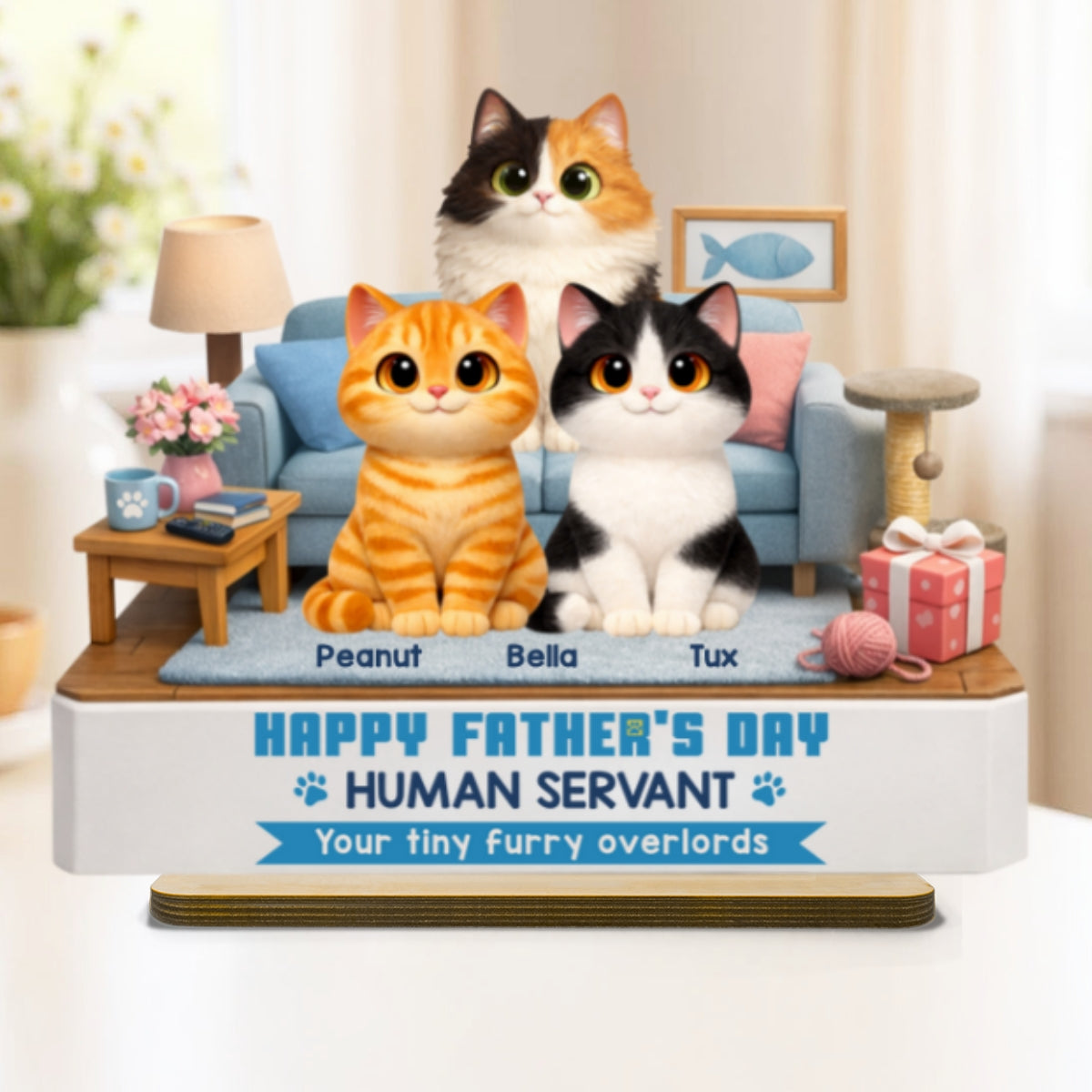 Cat Dad Cute Fluffy Cats Happy Human Servant - Personalized 2-Layered Wooden Plaque - Funny Gift For Cat Dad, Cat Lovers