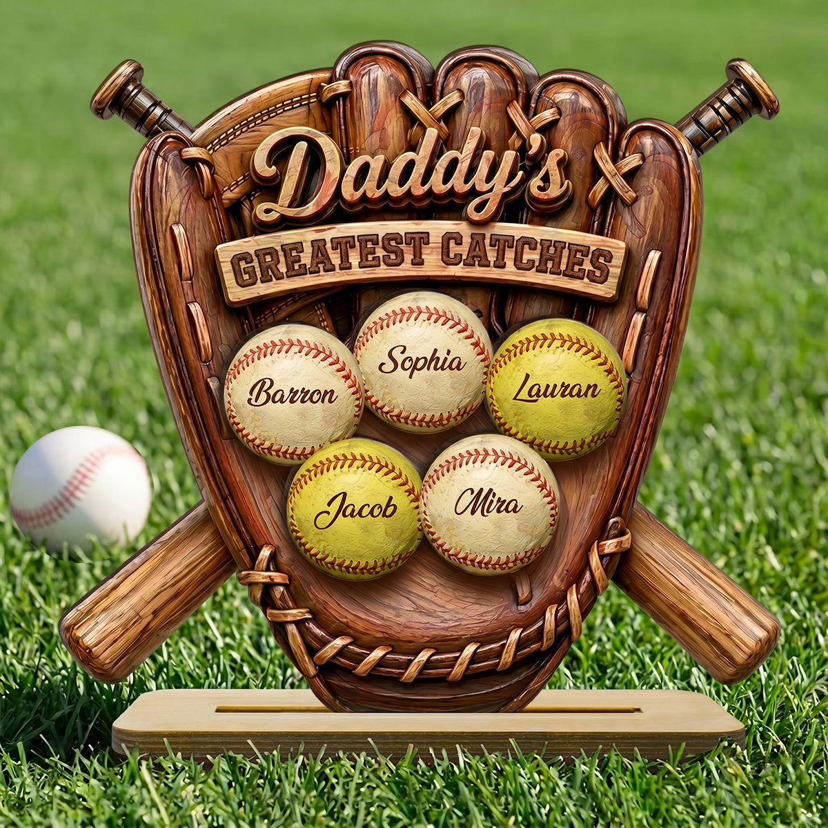 Daddy's Greatest Catches Baseball Softball - Personalized 2-Layered Wooden Plaque - Gift for Husband, Dad