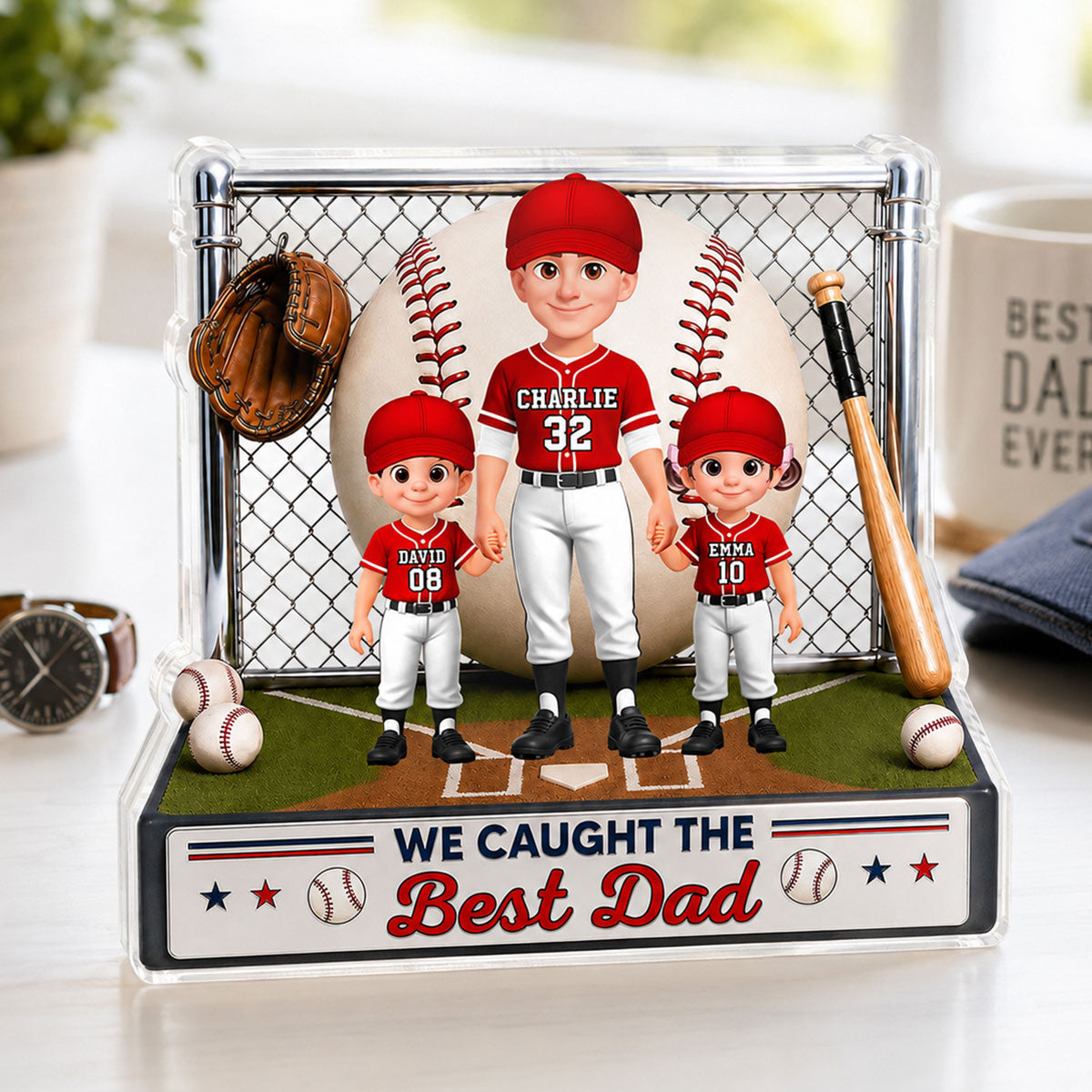 Baseball Dad And Kids We Caught The Best Dad - Personalized Acrylic Block Plaque - Gift For Dad, Husband