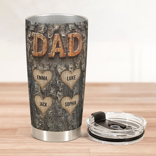 Father's Day Gifts, Dad With Kids' Names Wood Carved Printed - Personalized Tumbler Cup