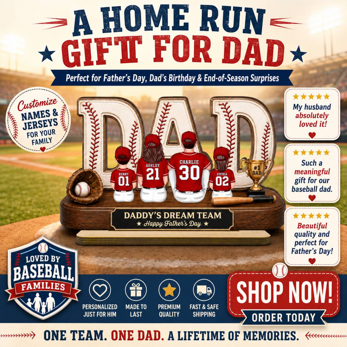 Baseball Daddy's Dream Team - Personalized 2-Layered Wooden Plaque - Unique Trending Gift For Dad, Husband, Baseball Fans