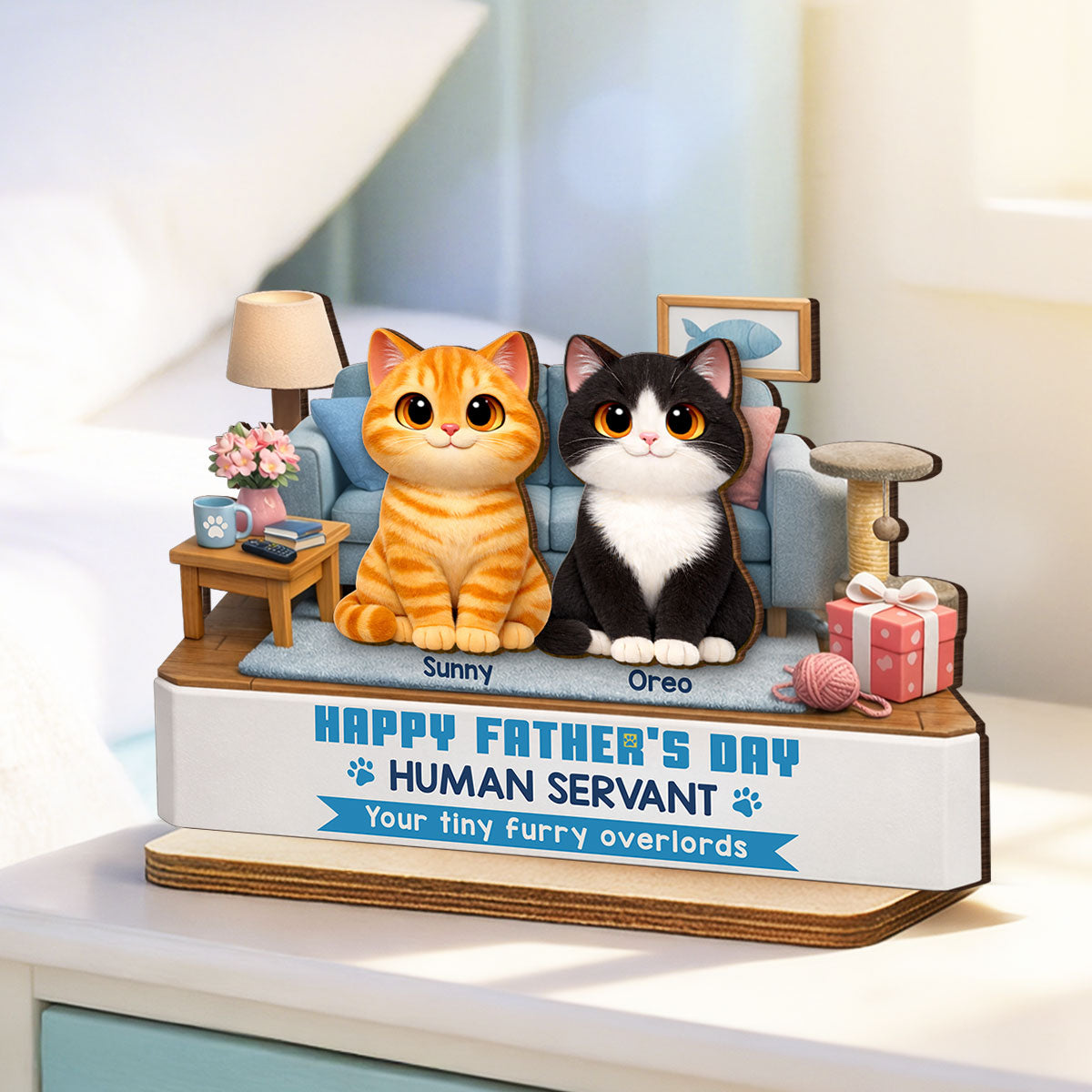 Cat Dad Cute Fluffy Cats Happy Human Servant - Personalized 2-Layered Wooden Plaque - Funny Gift For Cat Dad, Cat Lovers