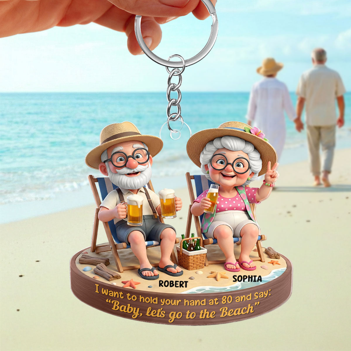 3D Effect Old Couple Baby Let's Go to the Beach - Personalized Acrylic Keychain - Sentimental Gift for him, for her