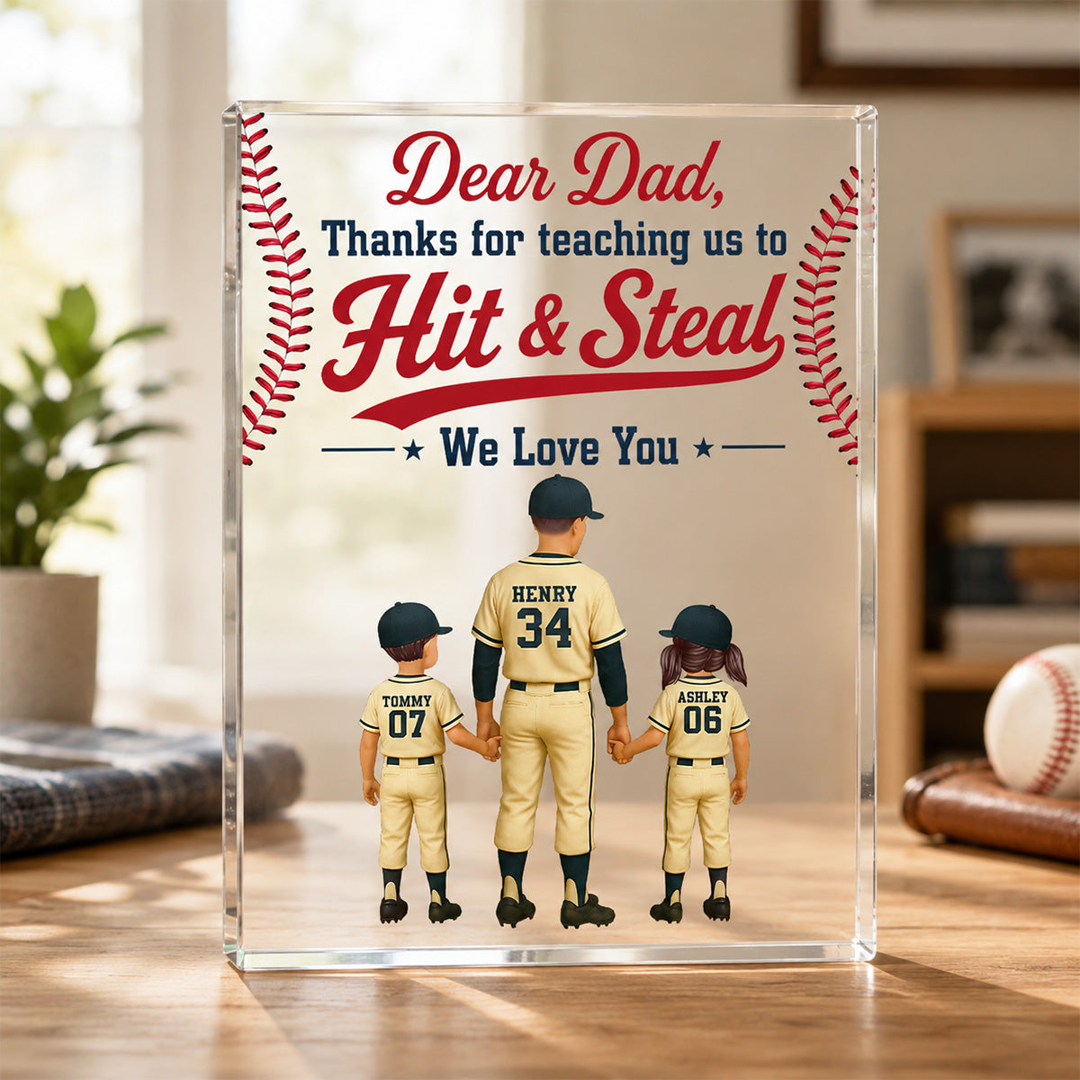 Thank You For Teaching Us To Hit & Steal Baseball Dad & Kids - Personalized Acrylic Block Plaque - Gift For Dad, Husband