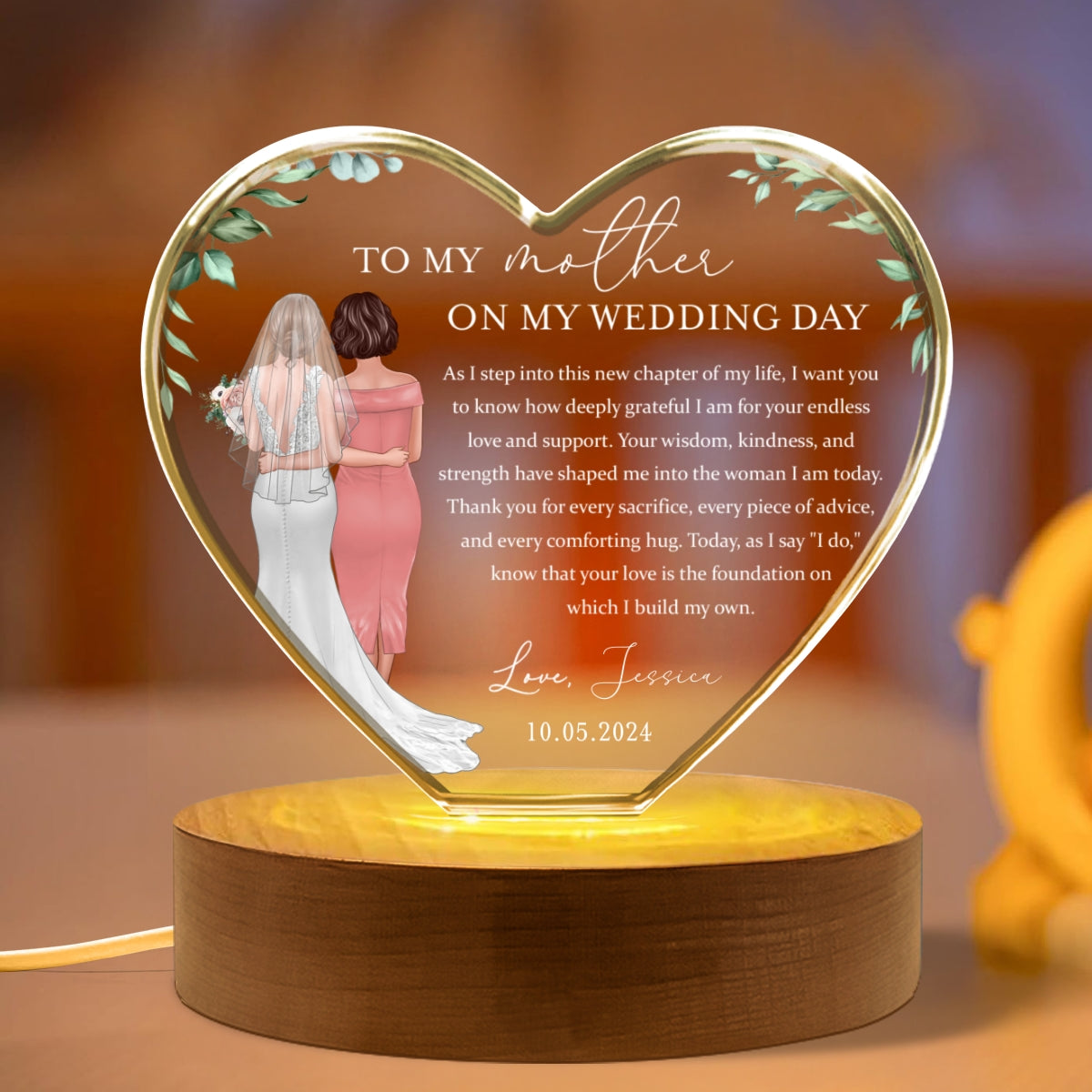Personalized Wedding Mother of the Bride Gift from Daughter, a Treasure Forever Custom Premium Crystal Heart LED, Free Shipping Included