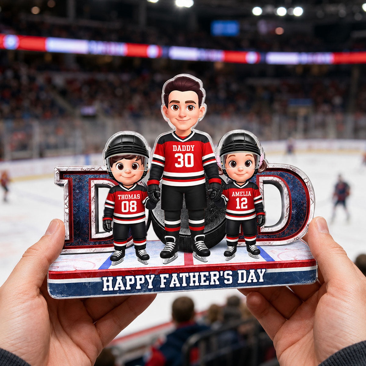Hockey Dad And Kids Together Front View - Personalized Acrylic Block Plaque - Gift For Dad, Husband