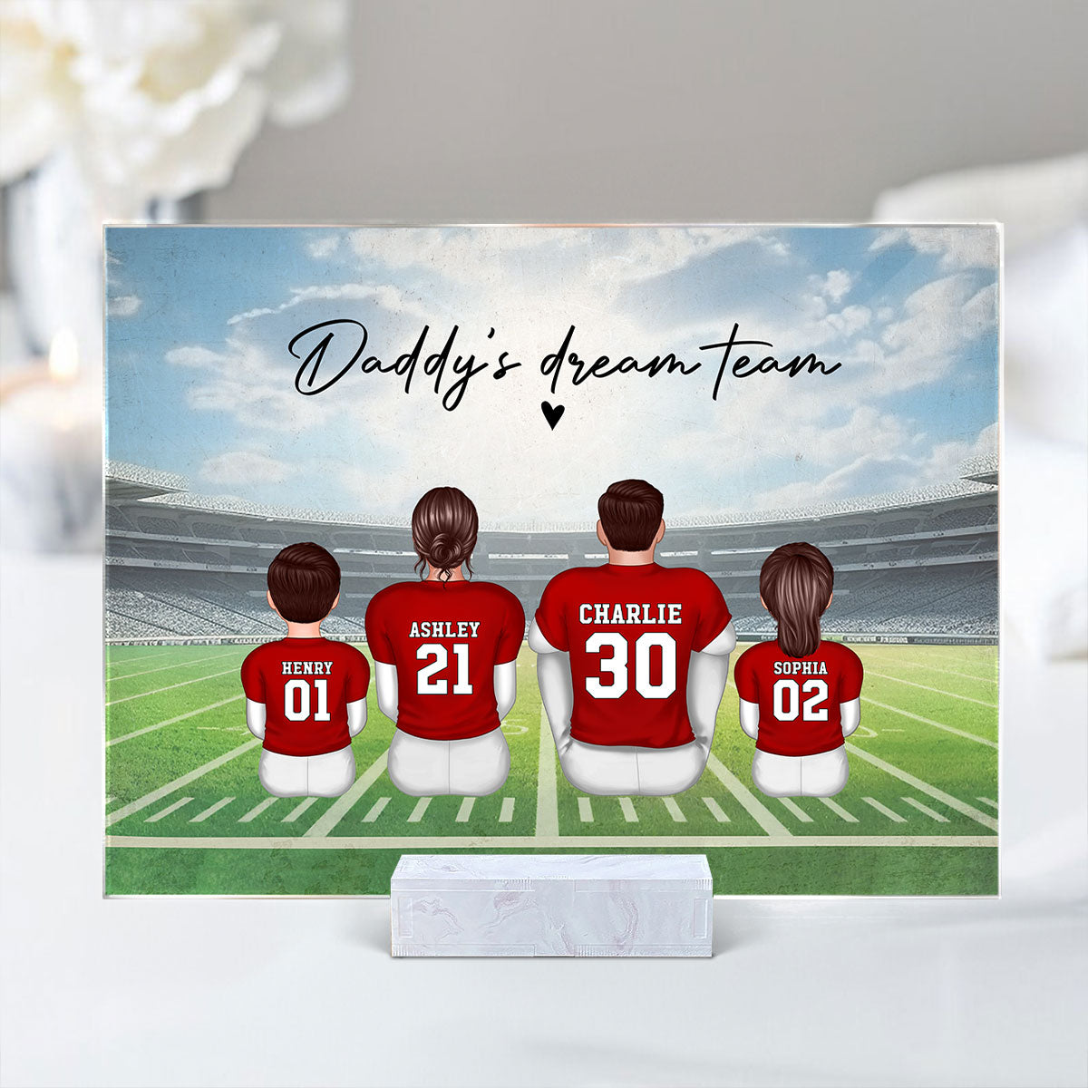 Daddy's Team Football Family Sitting Personalized Acrylic Plaque, Gift For Dad, Grandpa, Husband