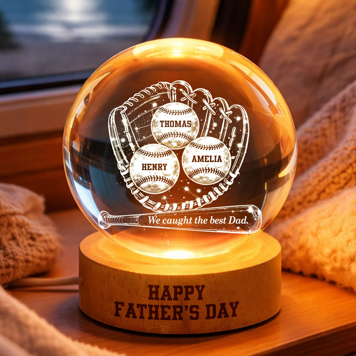 Happy Baseball Dad - Personalized Crystal Ball LED Night Light - Gift for Dad, Husband