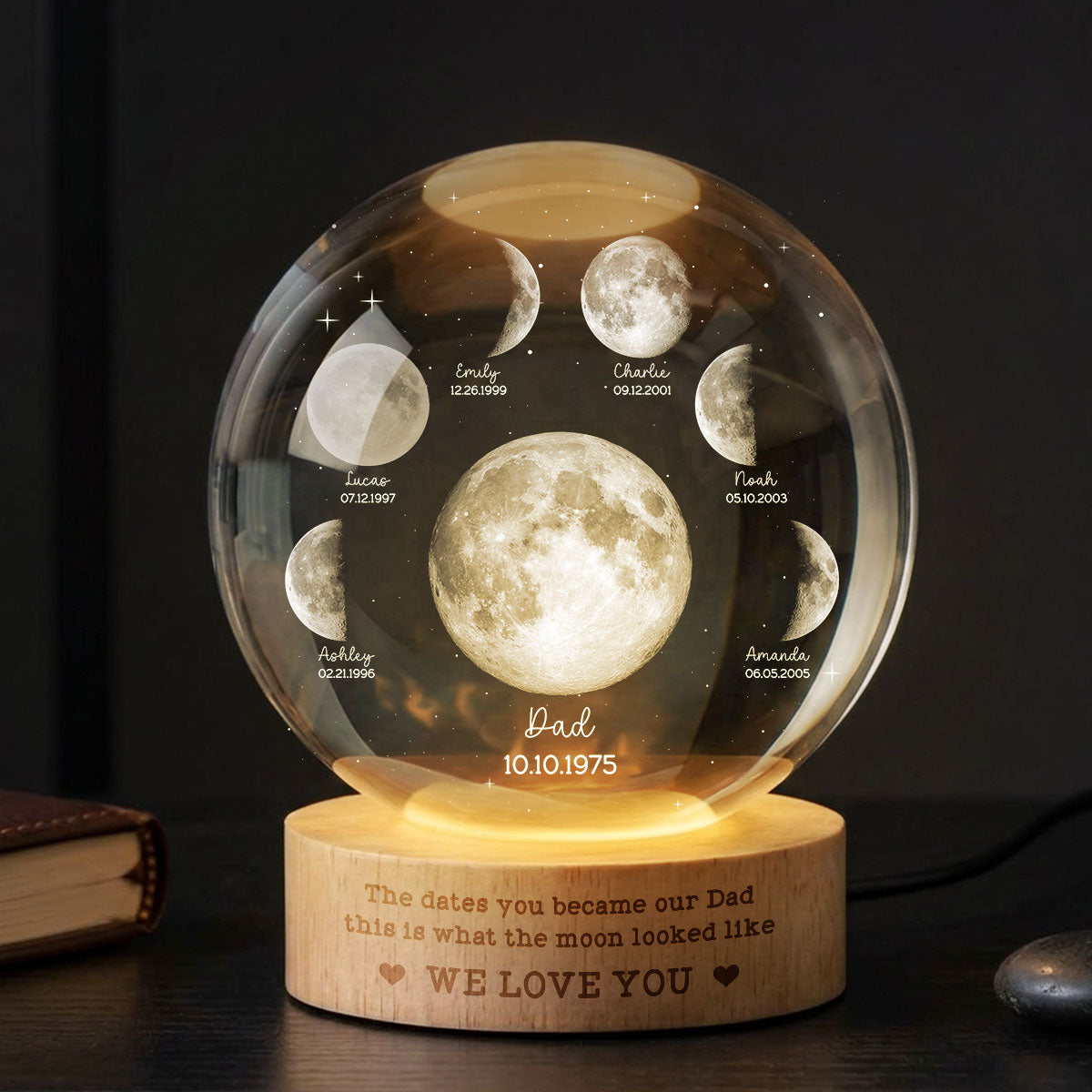 The Date You Became Our Dad - Personalized Crystal Ball LED Night Light - Custom Moon Phase by Date, Gift for Dad, Husband