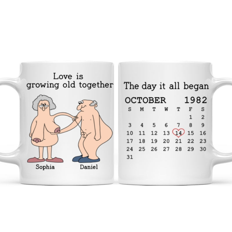 Love Is Growing Old Together Anniversary Calendar Keepsake Personalized Mug