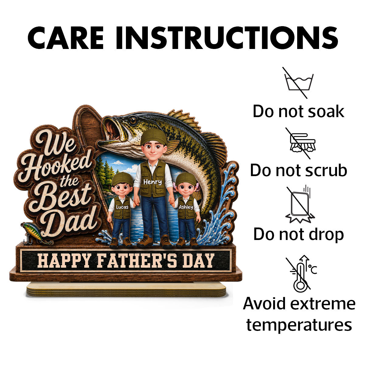 We Hooked The Best Dad Fishing Man & Kids 2D Flat - Personalized 2-Layered Wooden Plaque - Gift For Fishing Dad