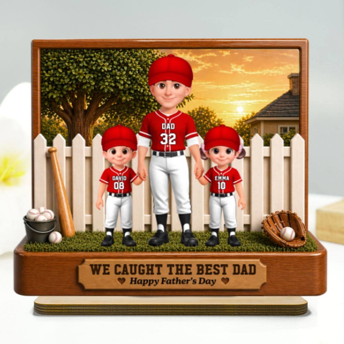 Baseball Dad And Kids Backyard We Caught The Best Dad - Personalized 2-Layered Wooden Plaque - Gift For Dad
