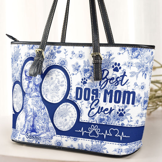 Dog Mom Gift Floral Toile De Jouy Chinoiserie - Personalized Leather Tote Bag