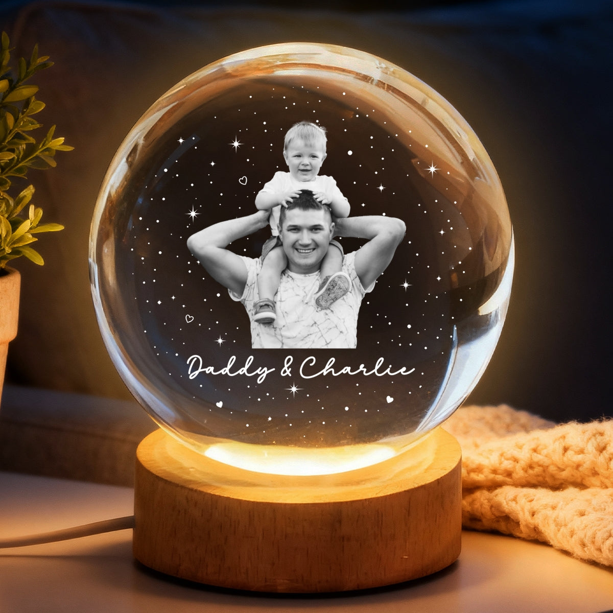 Dad And Kid Custom Upload Photo - Personalized Crystal Ball LED Night Light - Gift For Dad