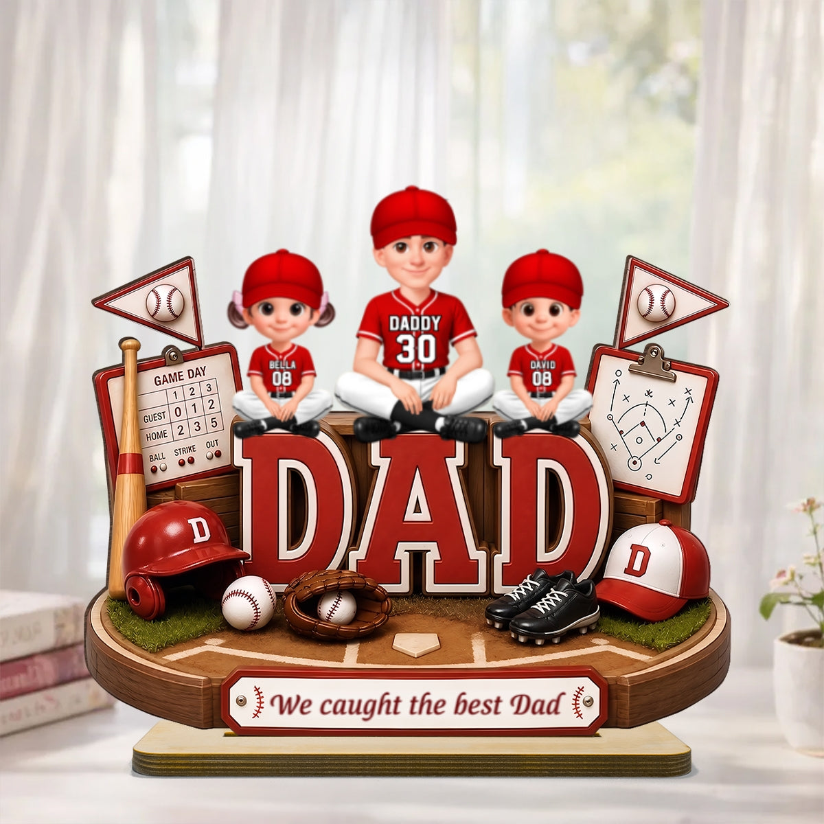 Baseball Dad Kids We Caught The Best Dad - Personalized 2-Layered Wooden Plaque - Gift For Dad, Husband