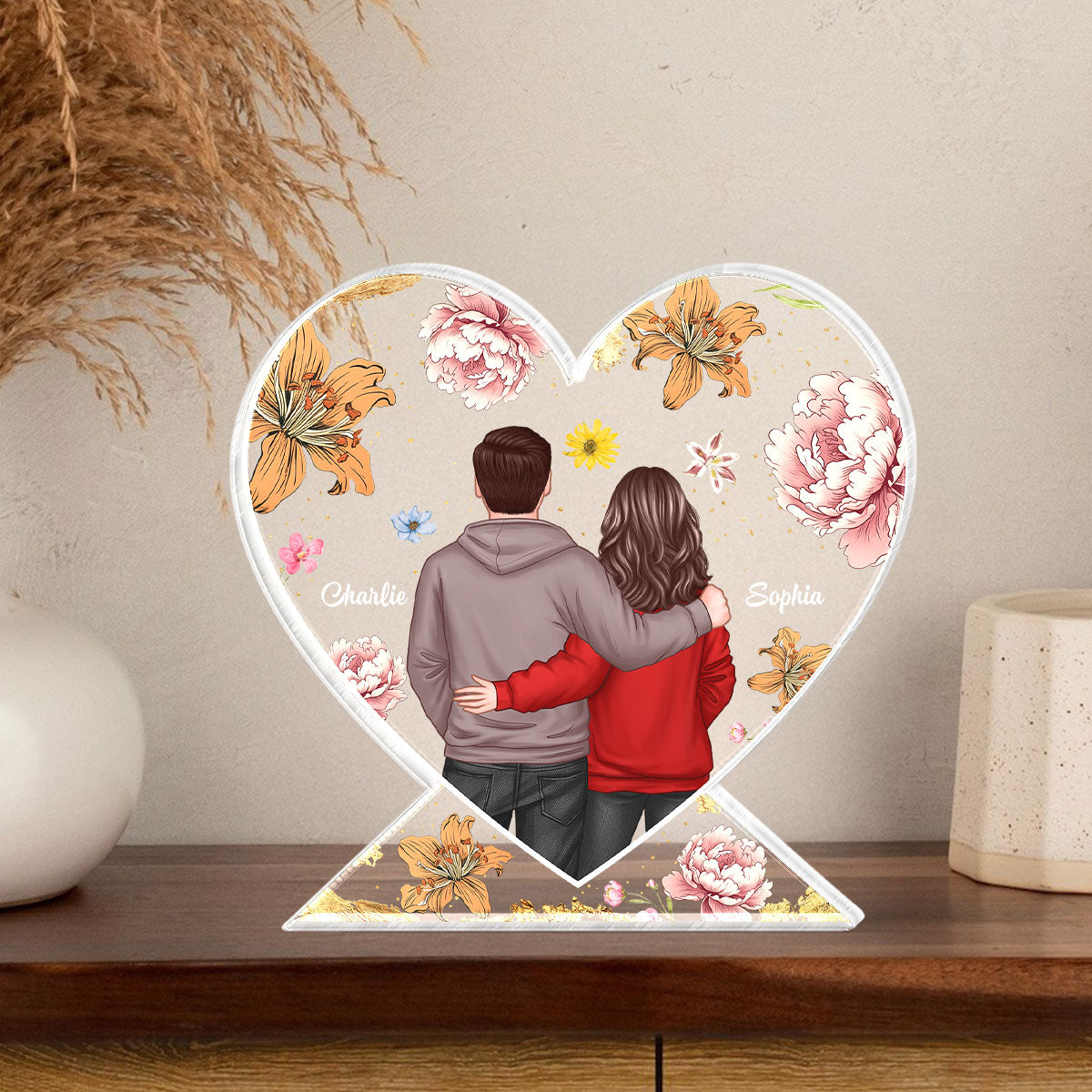 Couple Hugging Back View Birth Month Flower Personalized Acrylic Heart Block Plaque, Heartfelt 2025 Gift, Anniversary Gift For Girlfriend, For Wife