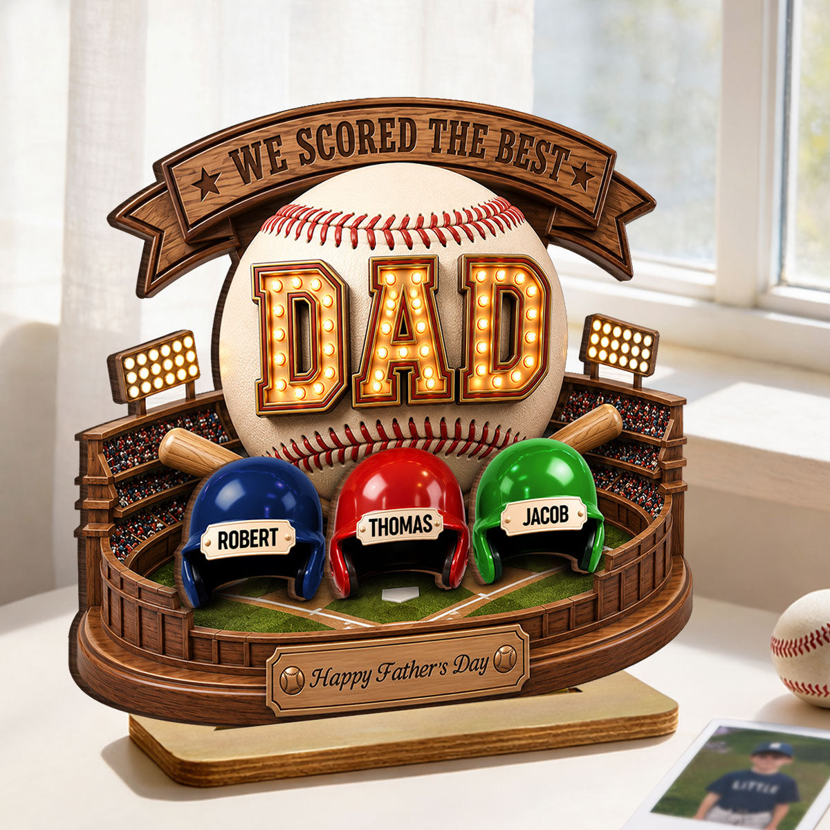 Baseball Dad The Greatest Champion Trophy - Personalized 2-Layered Wooden Plaque - Gift For Dad, Husband