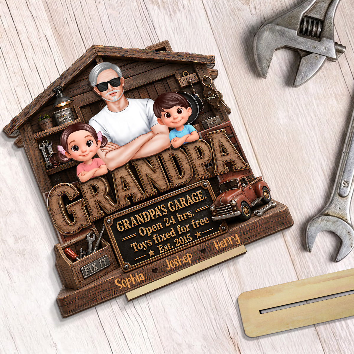 Grandpa's Garage - Personalized 2-Layered Wooden Plaque - Gift for Dad, Grandpa, Husband