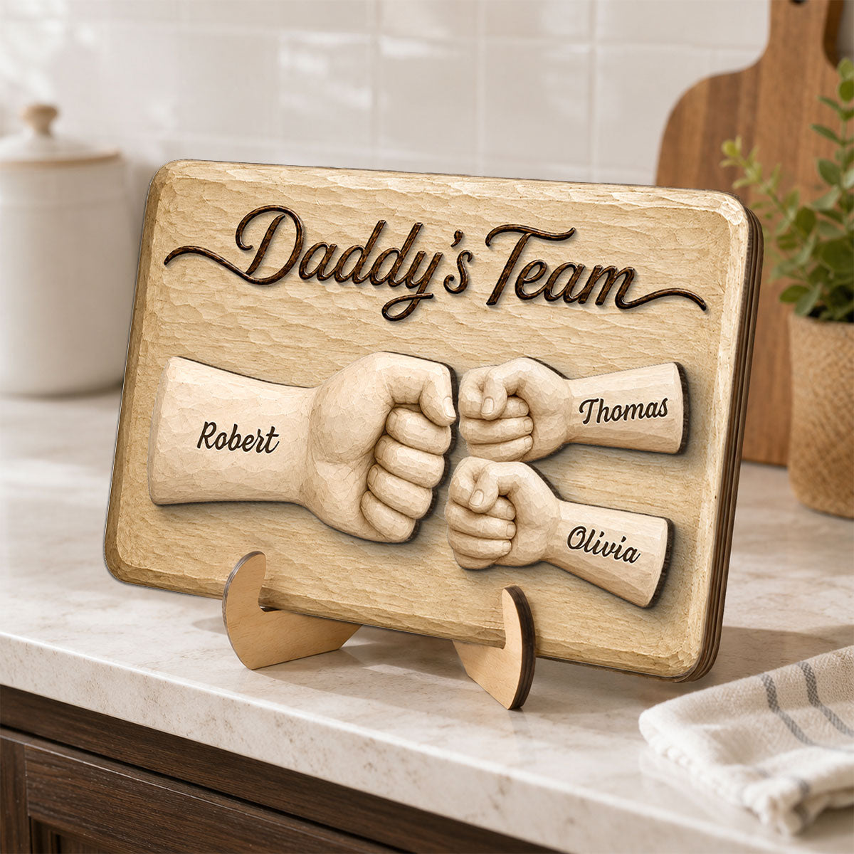 Sentimental Rustic Daddy's Team Fist Bump - Personalized 2-Layered Wooden Plaque - Gift For Dad, Husband