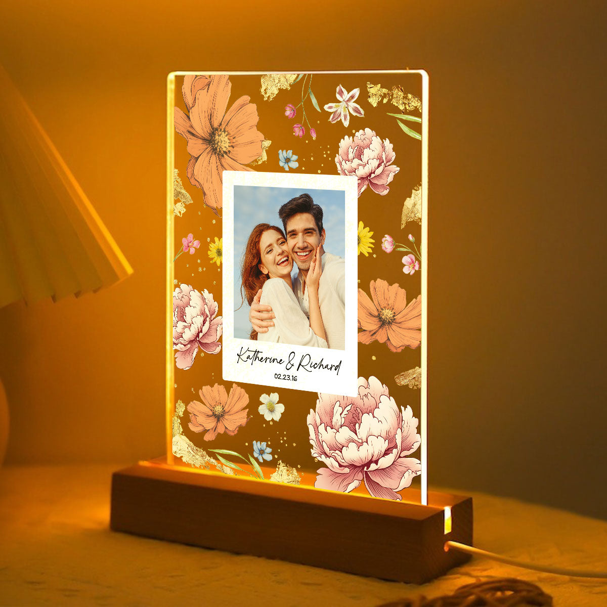Couple Upload Photo Birth Month Flowers Personalized Acrylic LED Night Light, Anniversary Gift, Gift