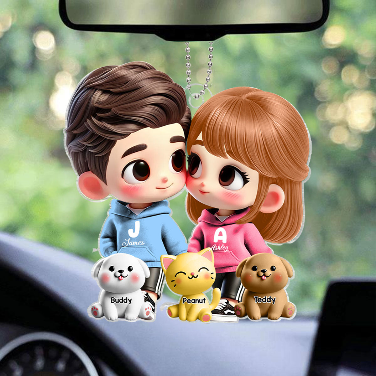 3D Effect Cute Cartoon Couple Holding Hands with Dogs Cats Personalized Acrylic Car Hanger, Anniversary & Gift for him, Gift for her
