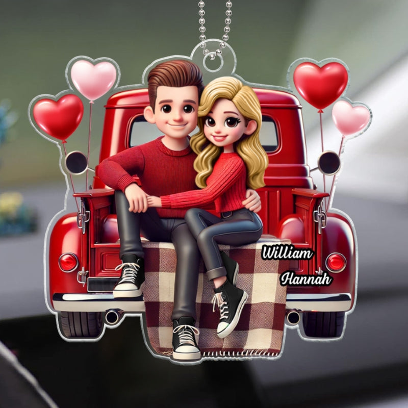 3D Effect Couple Sitting On Red Truck Personalized Acrylic Car Hanger, Gift, Anniversary Gift For Couples