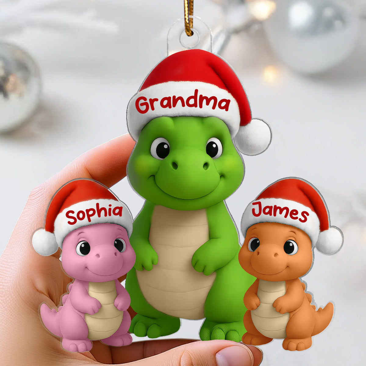 3D Effect Happy Grandmasaurus With Dinosaur Grandkids - Personalized Acrylic Ornament