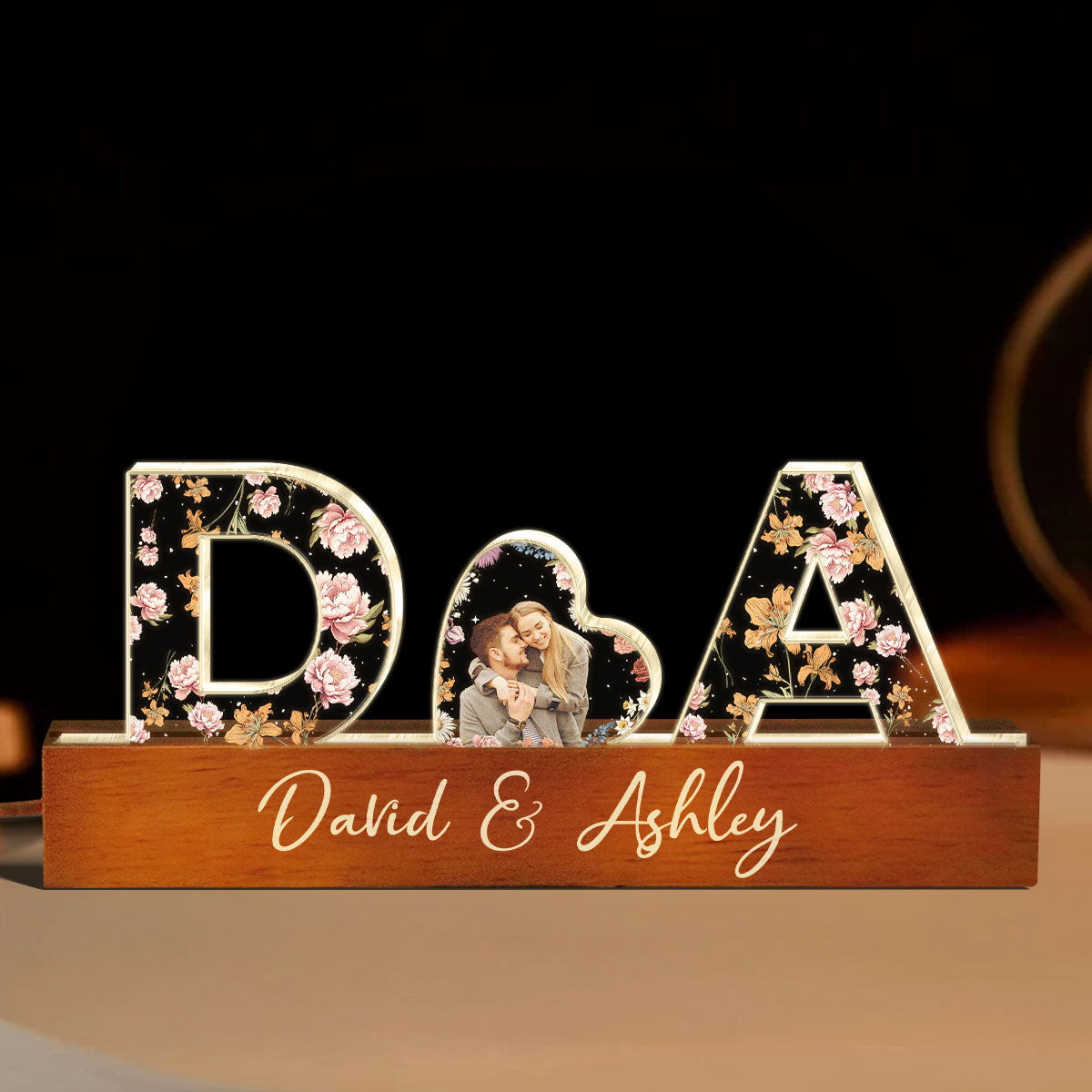 Initial Letters Couple Birth Month Custom Flower Printed LED Night Light, Anniversary Gift for her & for him, Photo Upload