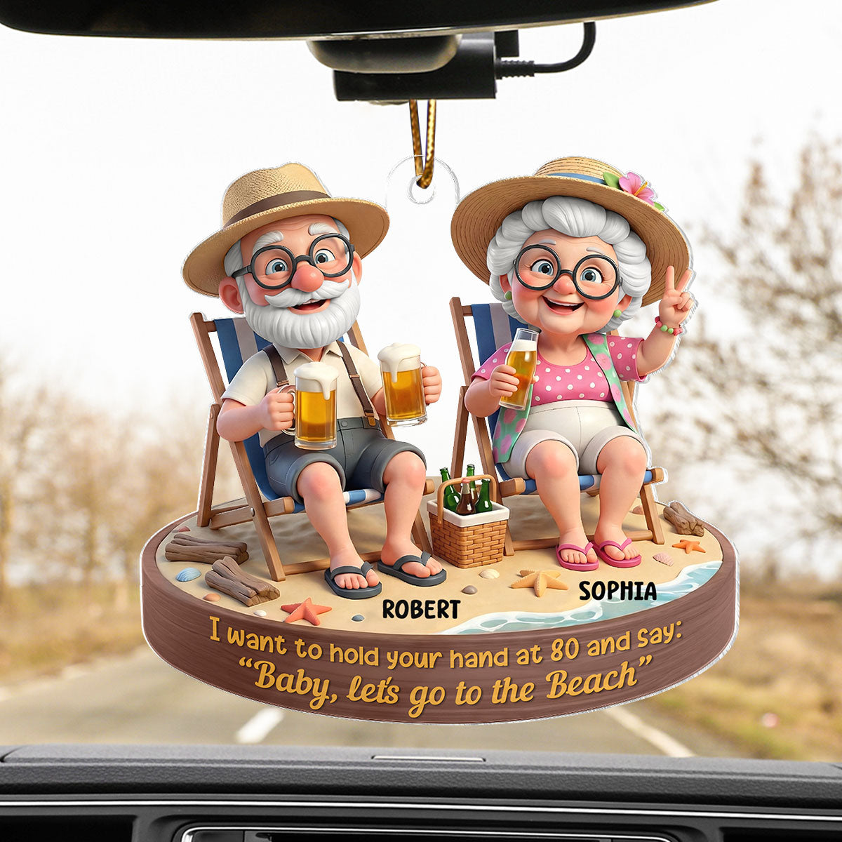 3D Effect Old Couple Baby Let's Go to the Beach - Personalized Acrylic Car Hanger - Sentimental Gift for him, for her