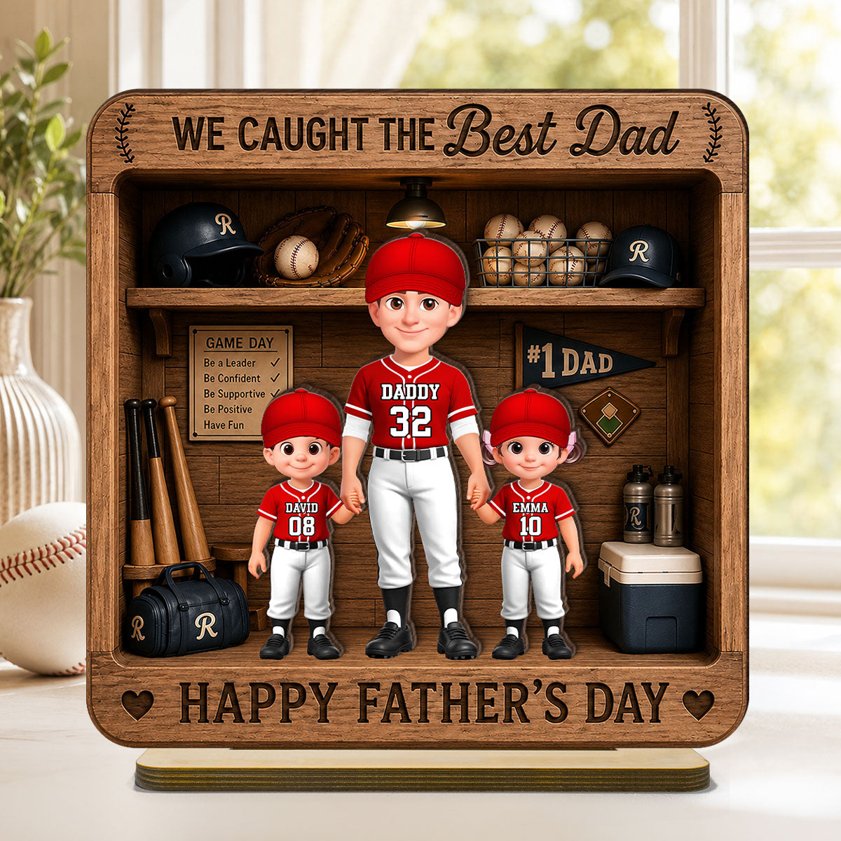 Baseball Dad & Kids Locker Room - Personalized 2-Layered Wooden Plaque - Gift For Dad, Husband