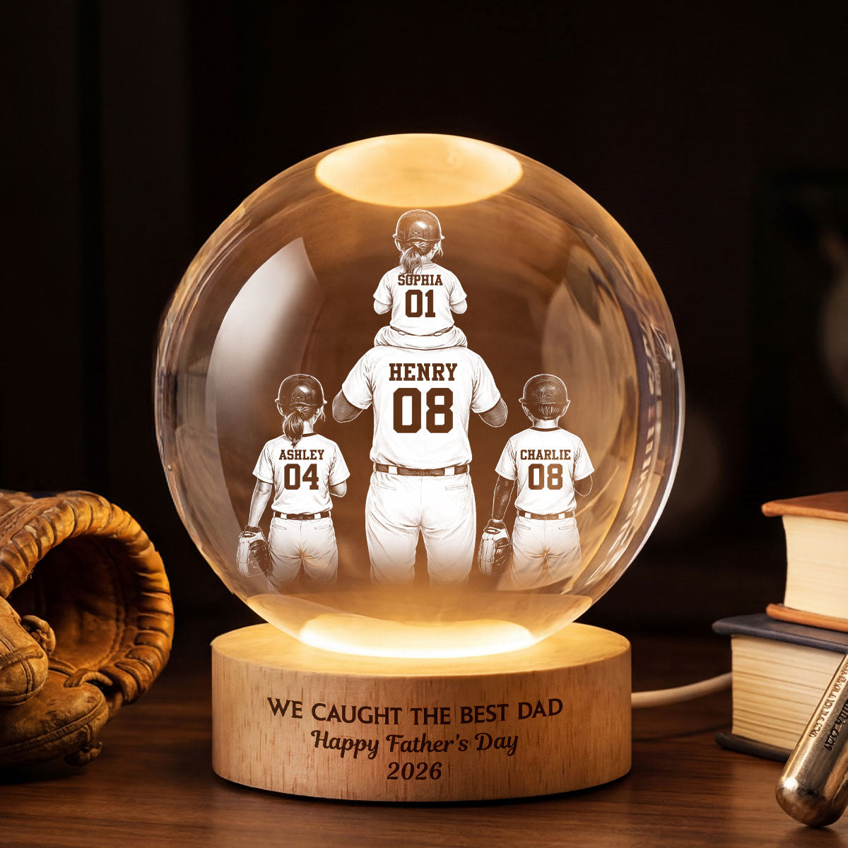 We Caught the Best Dad - Personalized Crystal Ball LED Night Light - Gift for Dad, Husband
