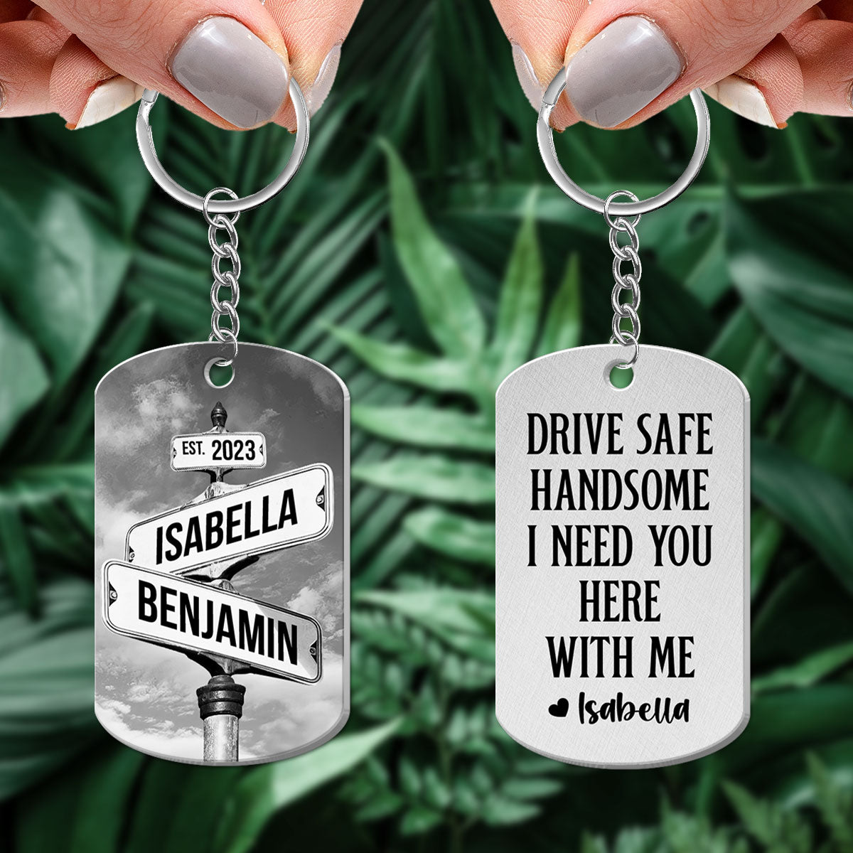 Drive Safe I Need You Vintage Crossroads Street Sign Personalized Metal Keychain, Anniversary Gift For Him, Boyfriend, Husband