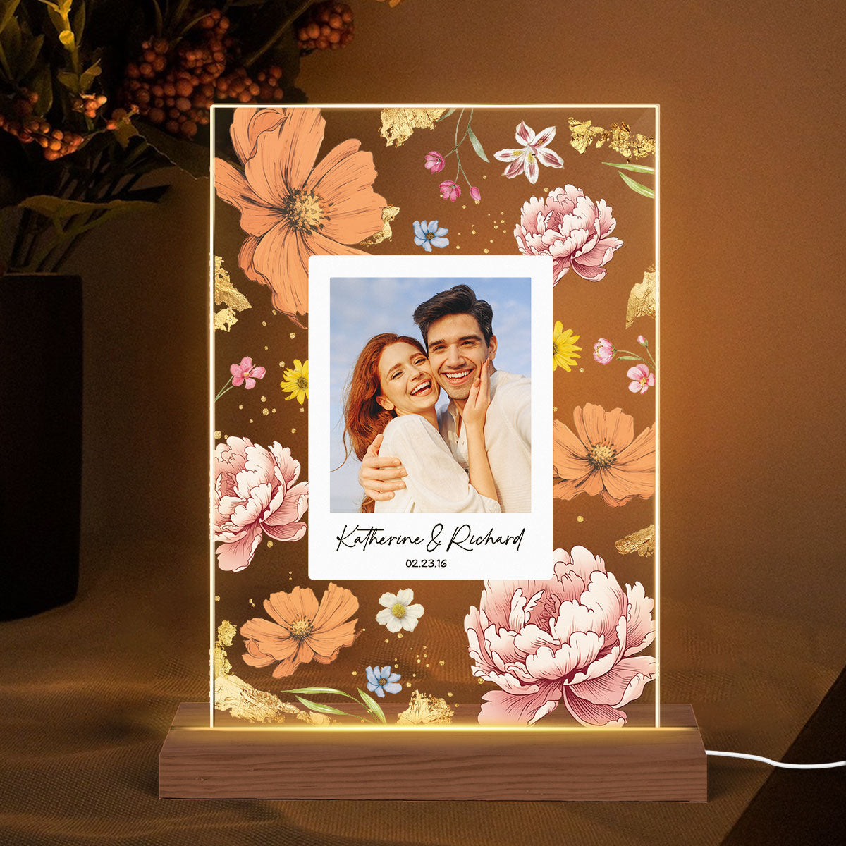 Couple Upload Photo Birth Month Flowers Personalized Acrylic LED Night Light, Anniversary Gift, Gift