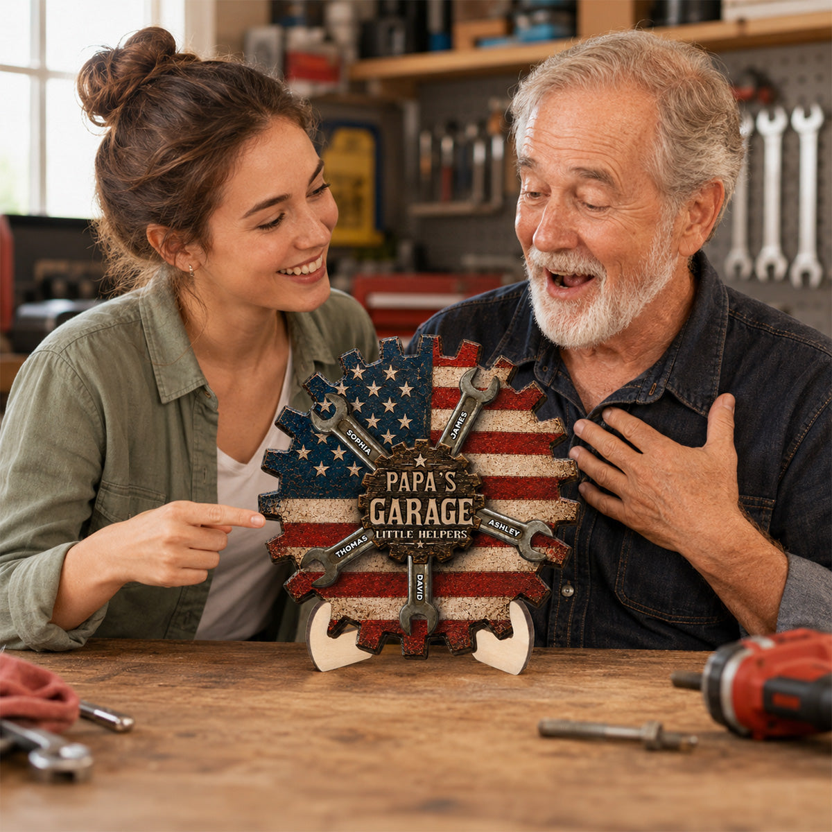 Rustic Workshop Little Helpers Nation Flag Theme 2D Flat - Personalized 2-Layered Wooden Plaque - Gift For Patriotic Mechanic Dad, Grandpa