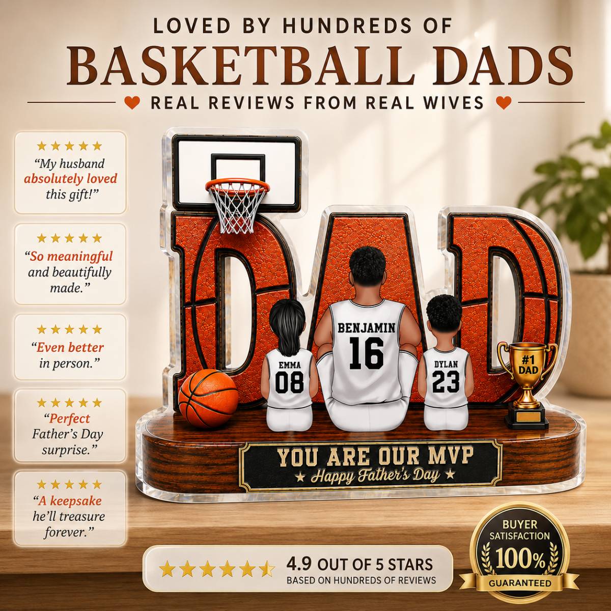 Basketball Dad Legend Daddy's Dream Team 2D Flat Printed- Personalized Acrylic Block Plaque - Gift For Dad, Husband, Basketball Fans