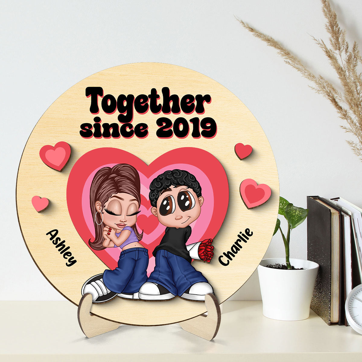 Y2K Couple Hearts Personalized 2-layer Wooden Plaque, Unique Valentine's Day Gift For Him, Gift For Her