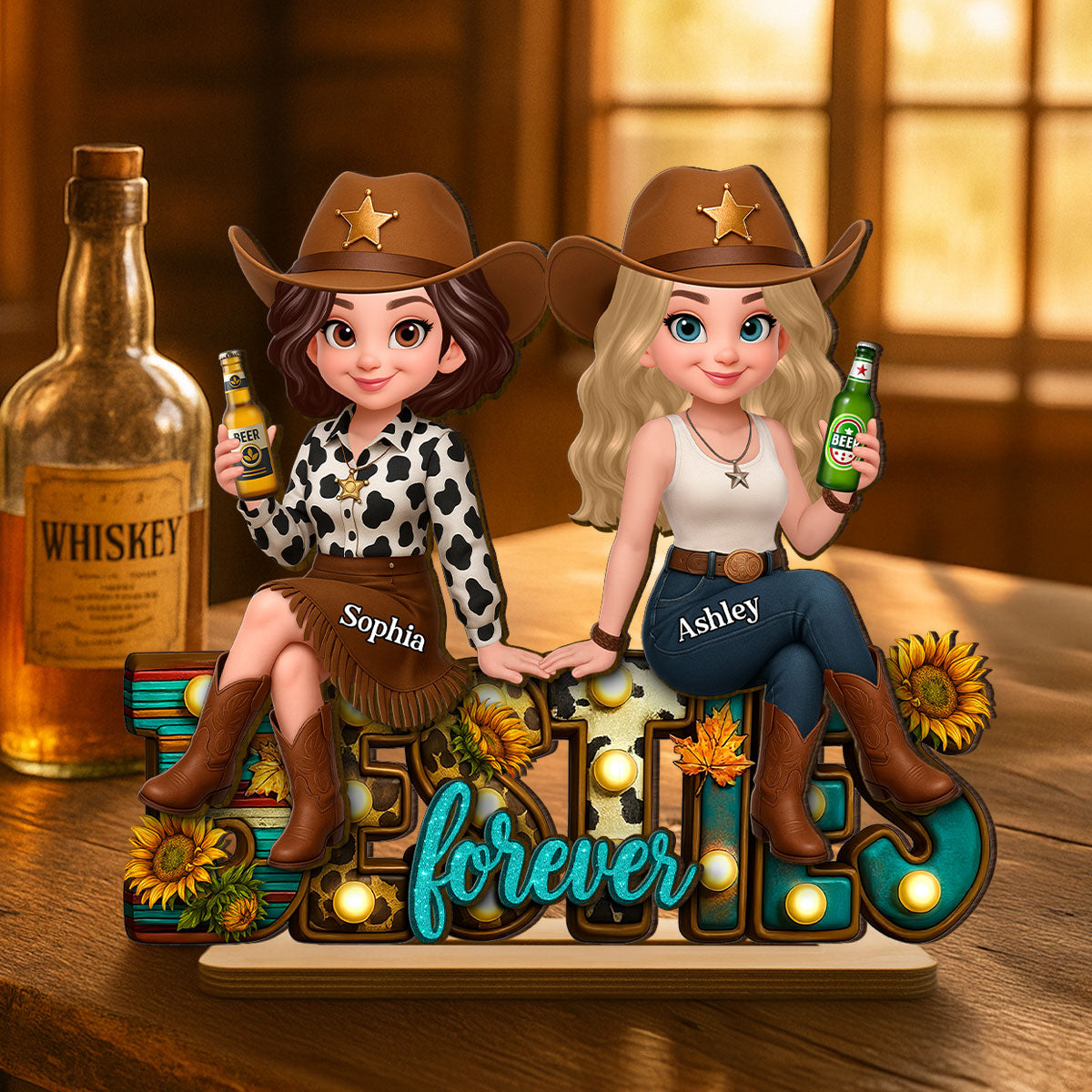 Western Fall Vibe Besties Personalized Standing Wooden Plaque, Fall Gift for Best Friends