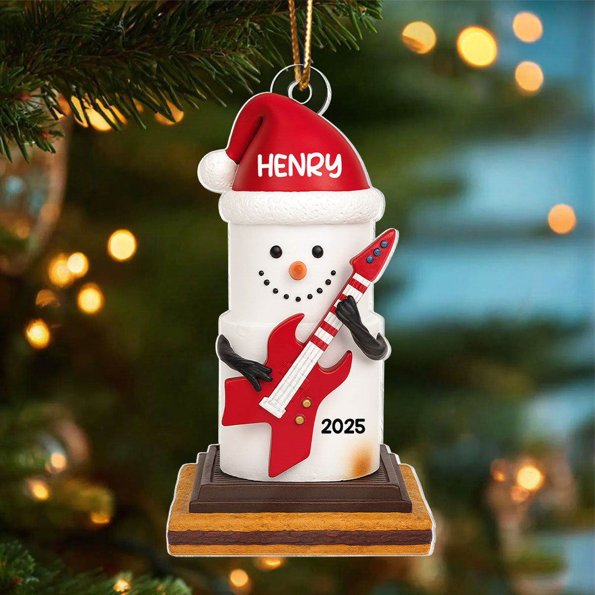 Snow Man Playing Guitar On Chocolate and Cracker - Personalized Acrylic Ornament- Gift for Guitar Lovers