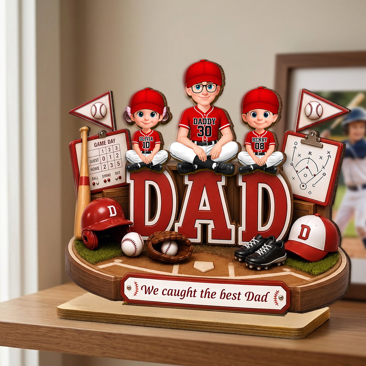 Baseball Dad Kids We Caught The Best Dad - Personalized 2-Layered Wooden Plaque - Gift For Dad, Husband