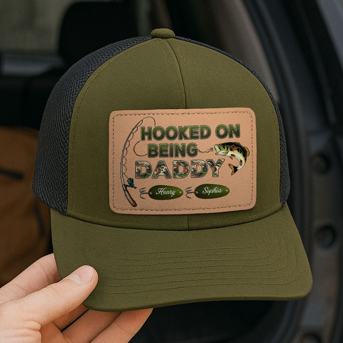 Hooked On Being Grandpa Papa Fishing Camouflage Personalized Leather Patch Hat, Father's Day gift