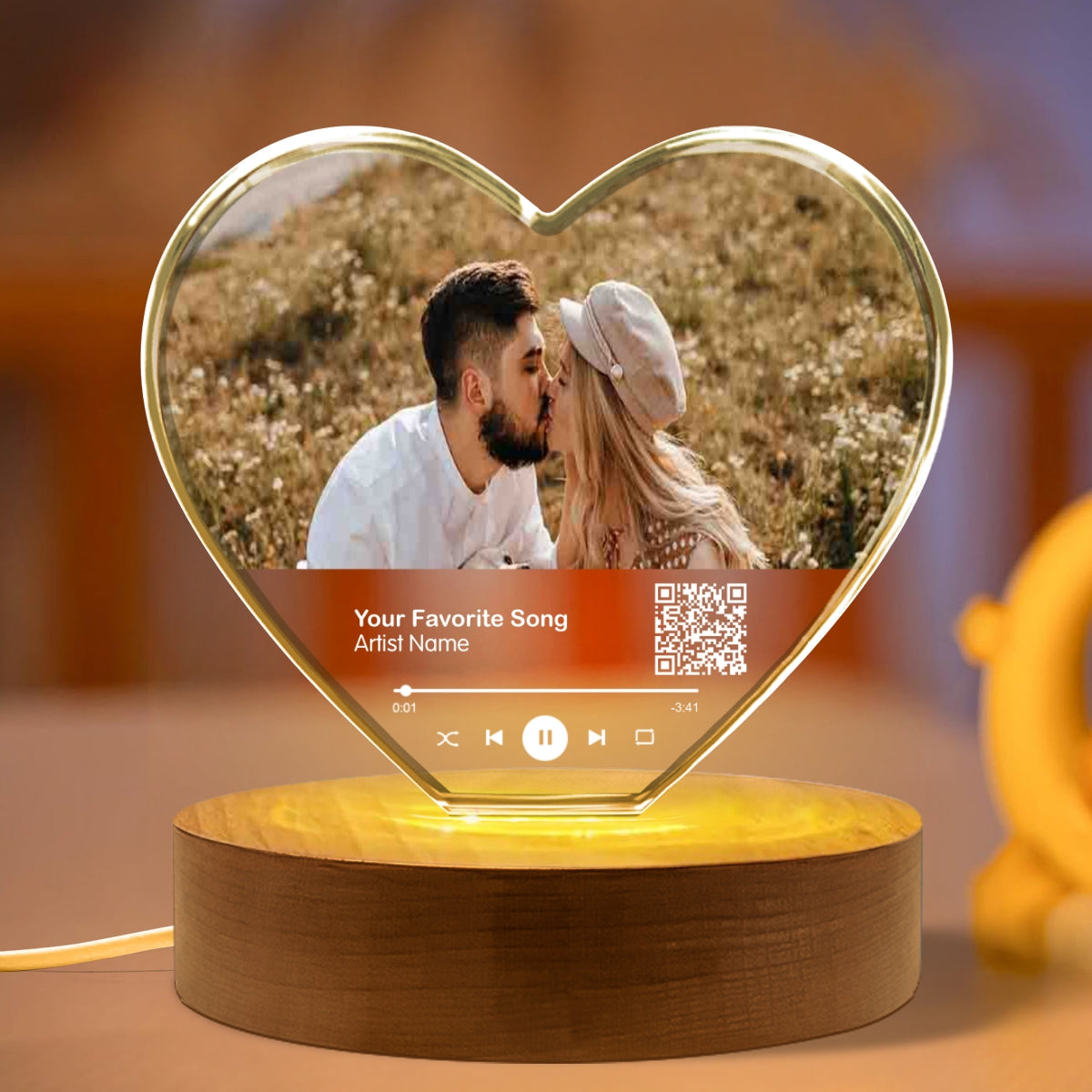 Personalized Music Photo Crystal Heart LED, Valentines Gift, Music Love Gift, Gift for Him, for Her, Free Shipping Included
