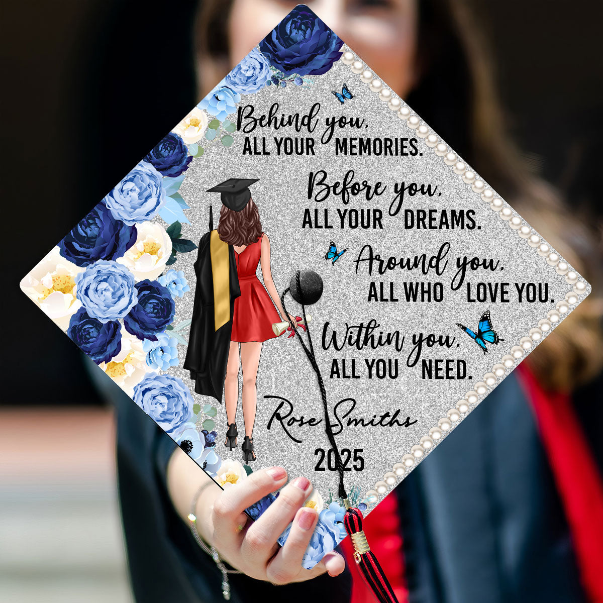 Behind You Flowers Senior Graduation Gift Personalized Printed Graduation Cap Topper (Not Real Glitter)