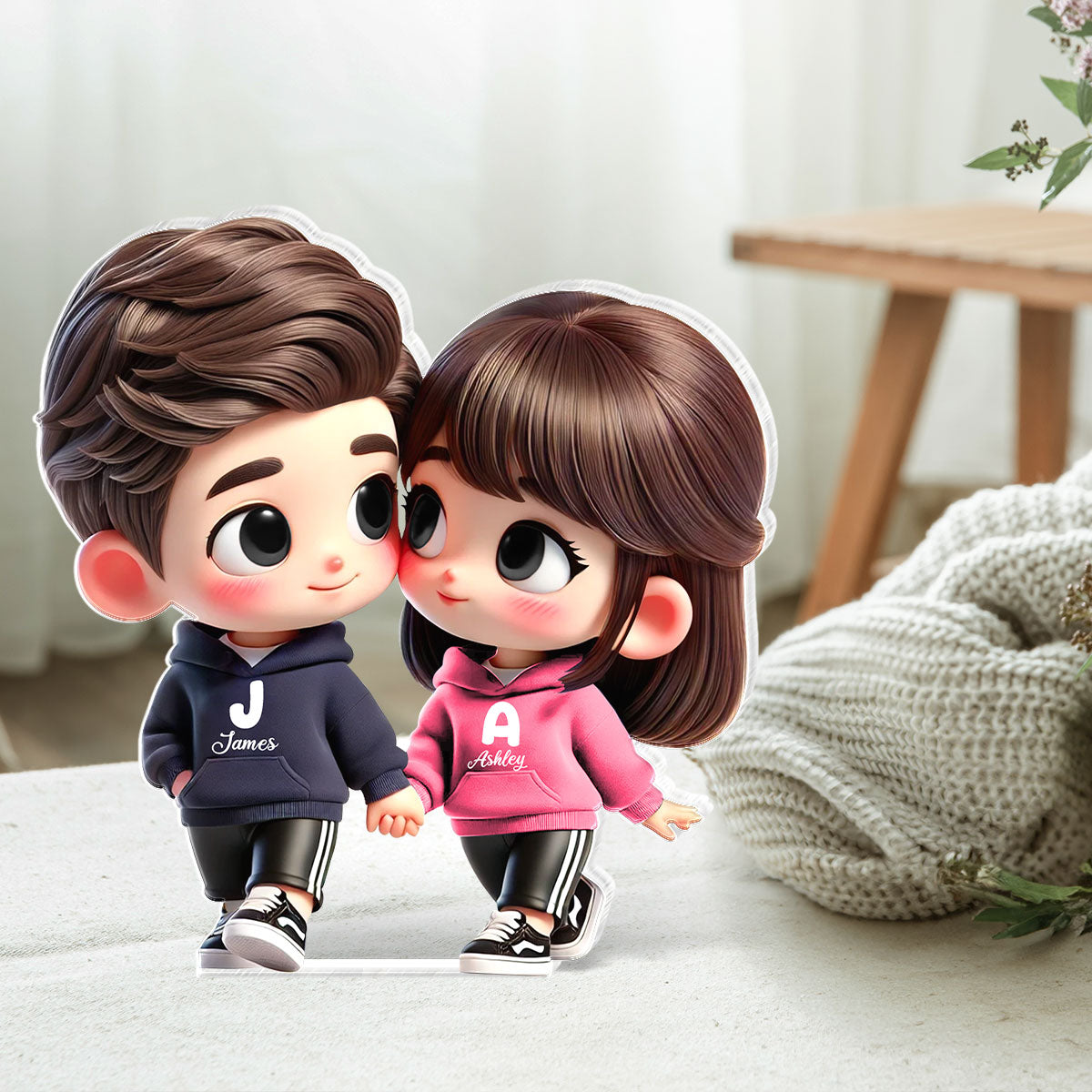 3D Effect Cute Cartoon Couple Holding Hands Personalized Acrylic Block Plaque, Anniversary & Gift for him, Gift for her