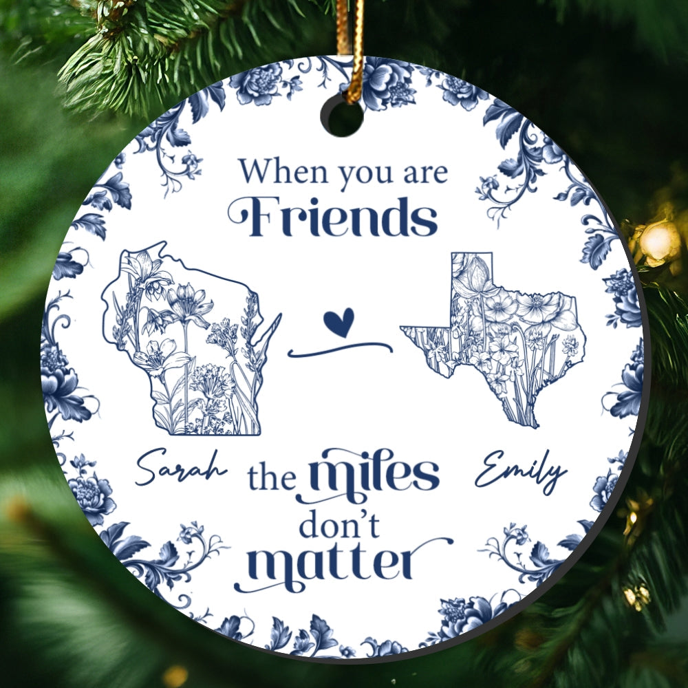 Blue Floral State Map Personalized Long Distance Friendship Ornament, Long Distance Best Friend Gift Moving Away Gift